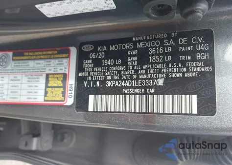 2020 Kia Rio S z USA, uszkodzony, nr VIN 3KPA24AD1LE333701